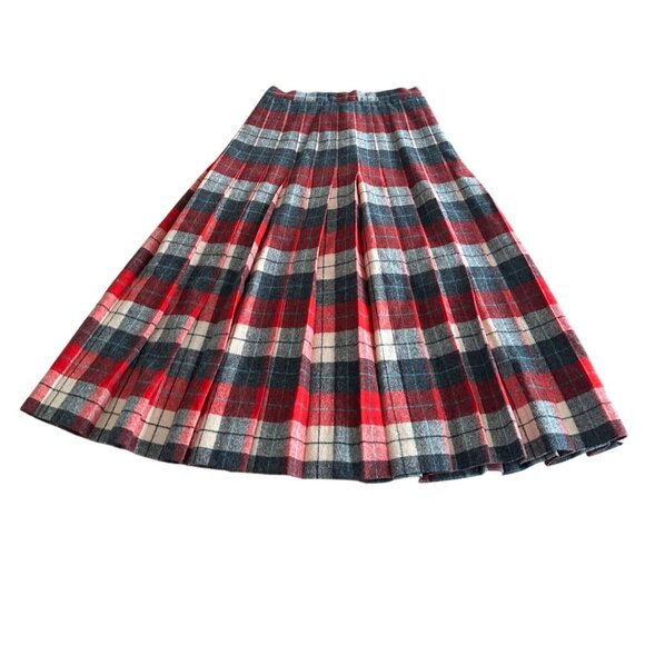 Vintage Red & Grey Plaid Wool Blend A-Line Midi Pleated Skirt 1960s Waist 25" - Picture 2 of 8